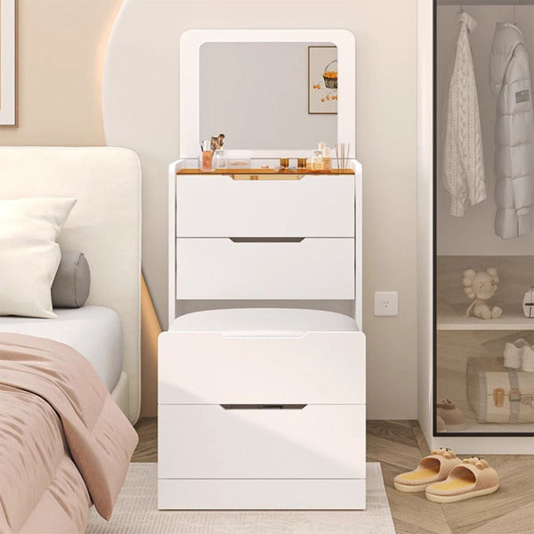 Compact white Compact Dressing Unit with an open flip-top LED mirror, visible glass drawer, and a cushioned storage stool.