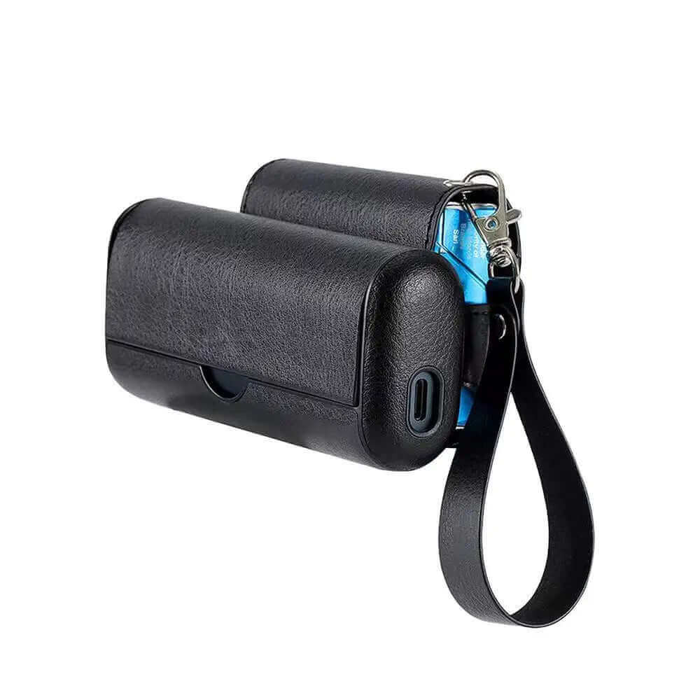 ILUMA Prime leather case in black leather with detachable strap for IQOS protection.