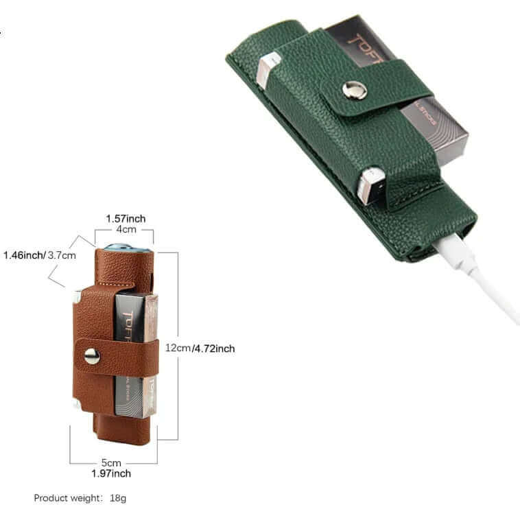 ILUMA ONE leather case in green and brown, designed for IQOS devices with precise dimensions.