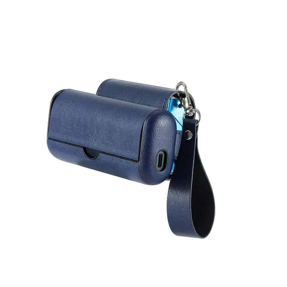 ILUMA Prime leather case in navy blue with strap, designed for maximum protection and stylish personalization.