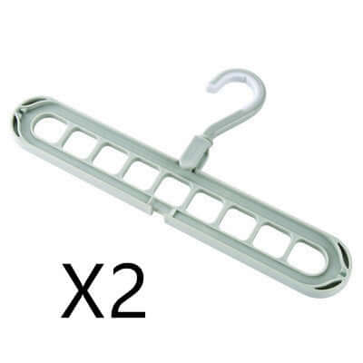 9-Hole Space-Saving Magic Hangers in a set of 2, demonstrating vertical and horizontal storage modes in a modern closet.