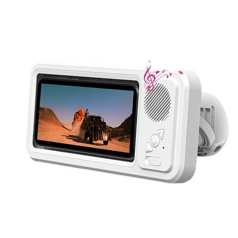 AquaSound Shower Speaker featuring a screen playing video, ideal for enjoying music in the shower.