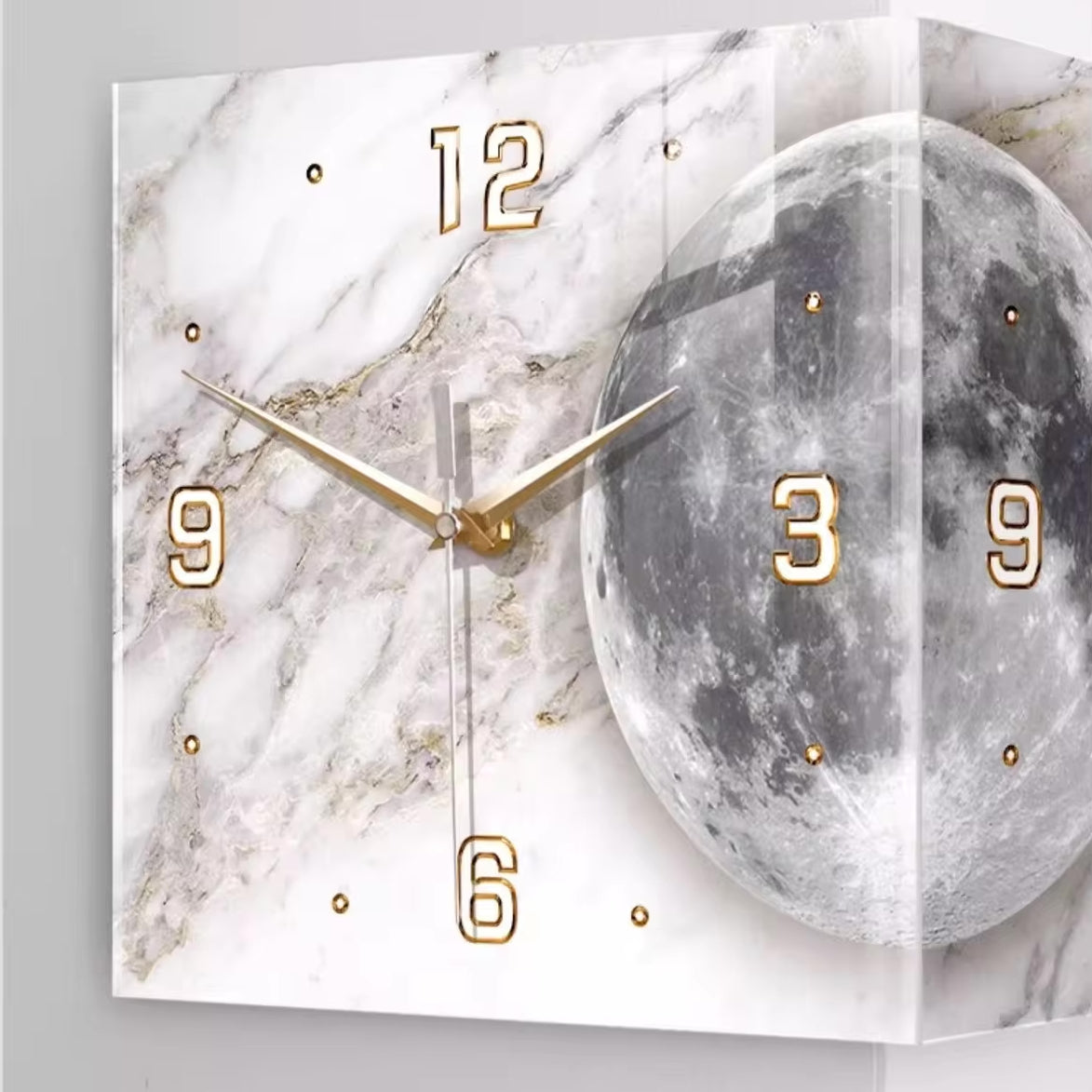 Architectural Corner Clock Light with a 26cm white geometric frame, double-sided LED illumination, and a minimalist clock face mounted in a wall corner.