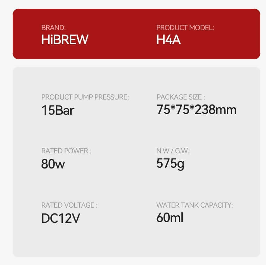 Product specifications for Portable Electric Espresso Maker by HiBREW, model H4A, showcasing pump pressure and power details.