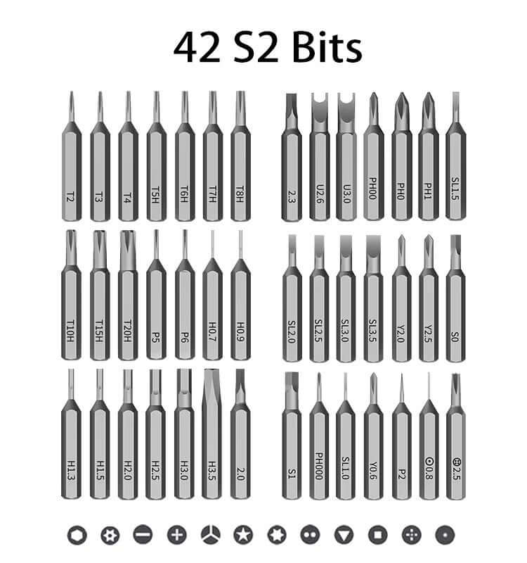 42 S2 bits for 46-in-1 precision toolkit for electronics displayed in a structured layout.