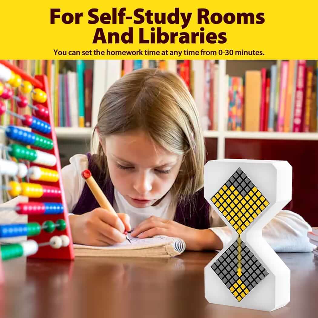 Girl using GravityFlow LED Digital Hourglass timer for focus while studying in a library.