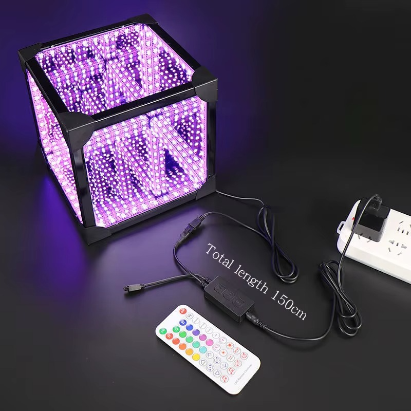 Tesseract Abyss Lamp showcasing infinity mirror effect with remote, perfect for modern desktop lighting.
