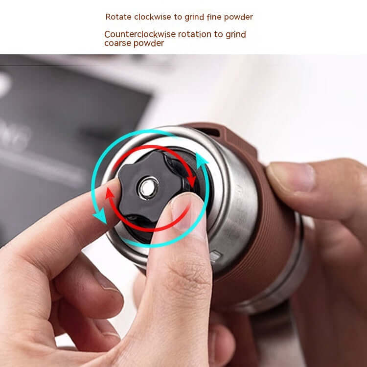 User adjusting the grind setting on a travel coffee maker set for fine and coarse powder.
