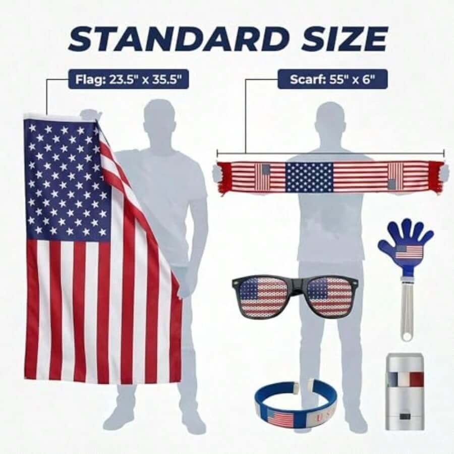 USA World Cup fan kit showing flag, scarf, glasses, hand racket, and bracelet in American colors.