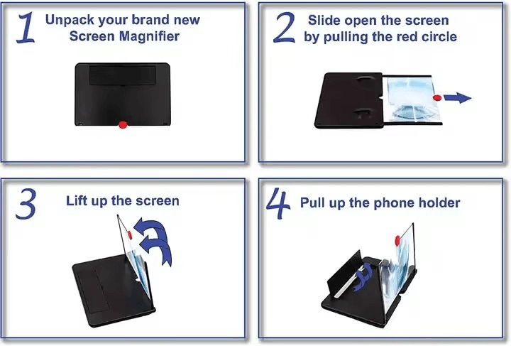 Instructions for using the 12 inch screen magnifier: unpack, slide open, lift screen, and pull phone holder.