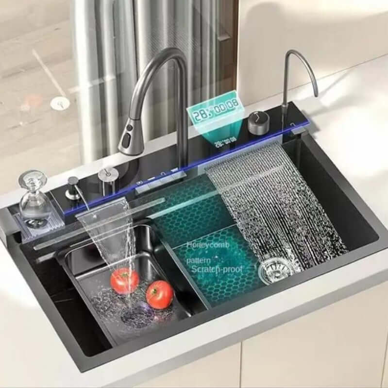 Stainless steel smart kitchen sink set with digital display, waterfall faucet and wooden cutting board