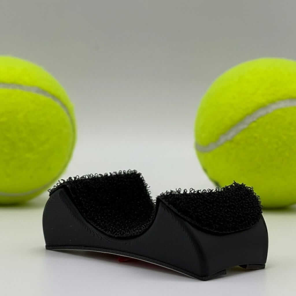 PadelGrab clip-on ball picker between two yellow balls