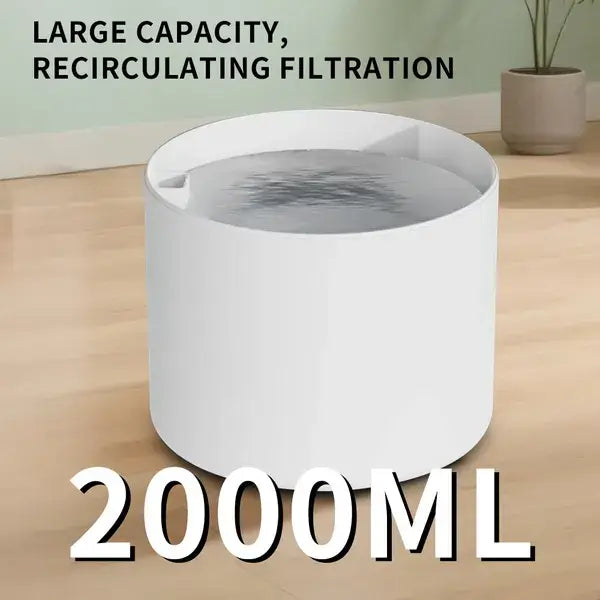 A white Silent Circular Pet Water Fountain showcasing the flowing water stream and compact, modern circular design.