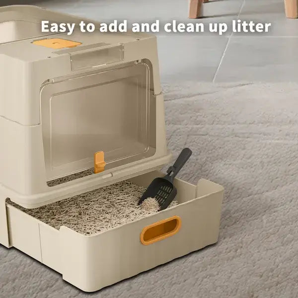 White Modern Drawer-Style Cat Litter Box with a pull-out cleaning system and a minimalist, compact design for modern homes.