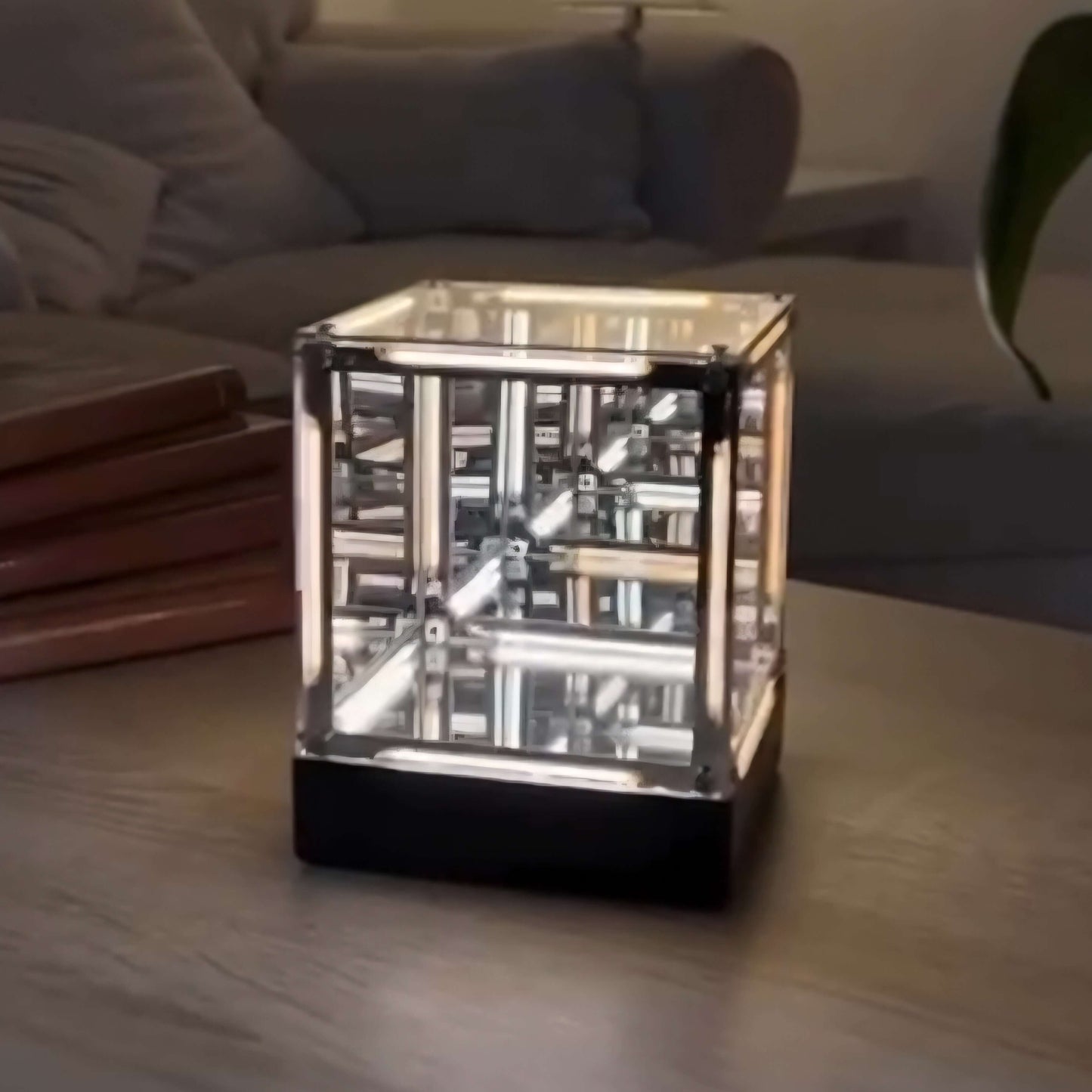 Interstellar Cube | 4D Abyss Infinity Mirror & Desk Lamp on a table with a cozy background.