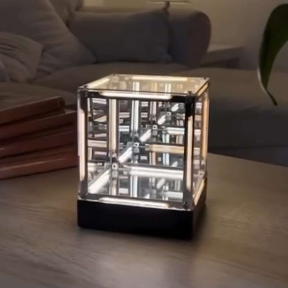 Interstellar Cube | 4D Abyss Infinity Mirror & Desk Lamp on a table with a cozy background.