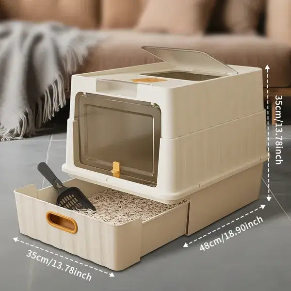 White Modern Drawer-Style Cat Litter Box with a pull-out cleaning system and a minimalist, compact design for modern homes.