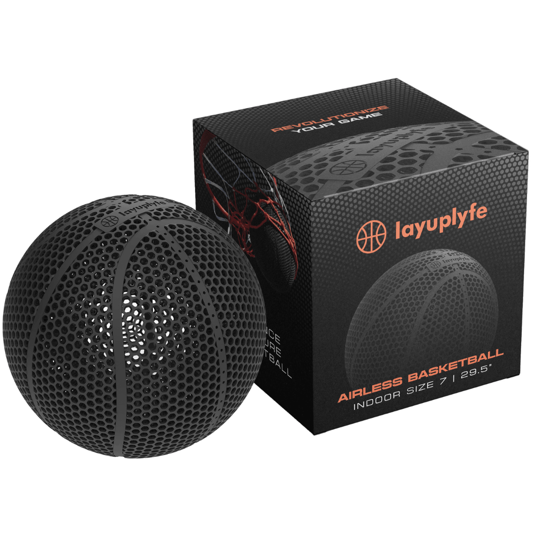 3D printed airless basketball LAYUPLYFE Size 7 with a box for indoor play, showcasing its durable design.
