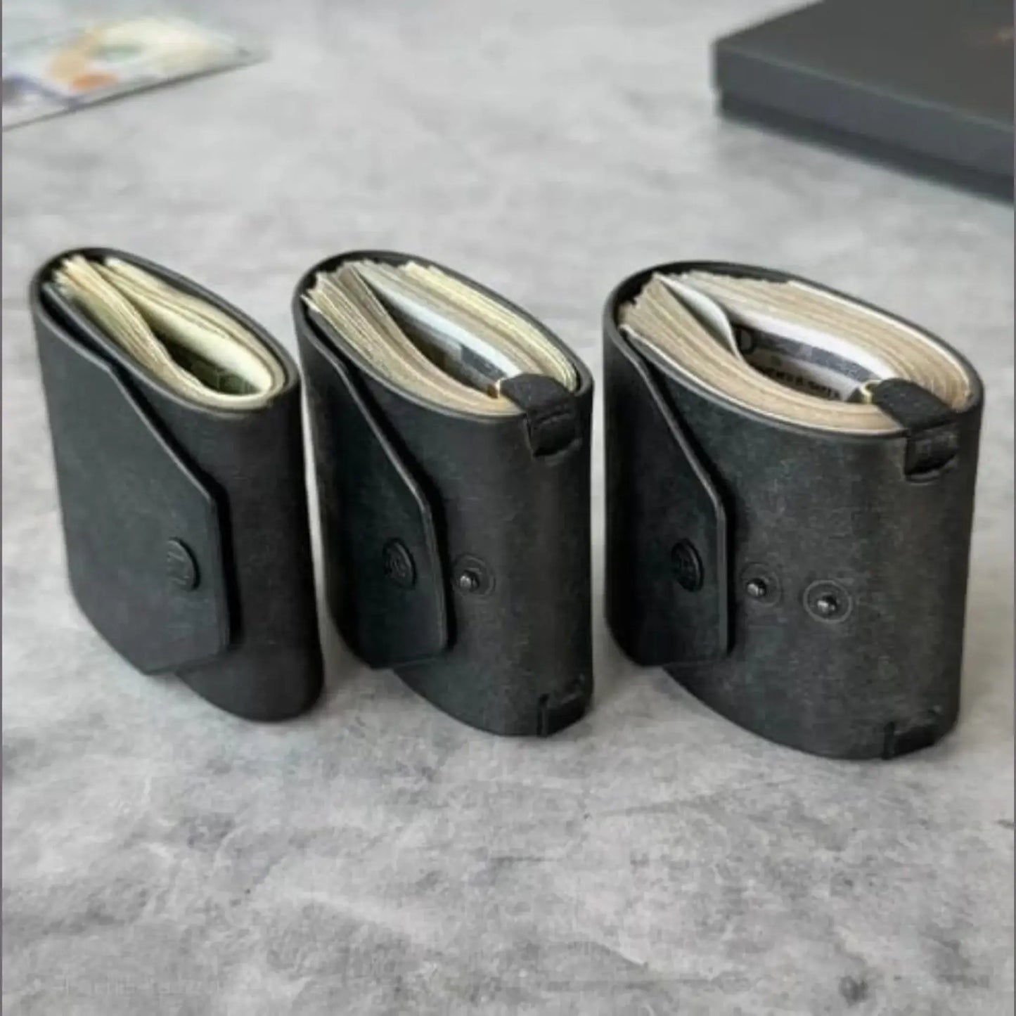 three styles of premium genuine leather cash wrap wallet displaying compact cash storage solution
