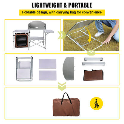 Portable Camping Kitchen Table with integrated storage cabinets, folding side tables, and reinforced aluminum frame.