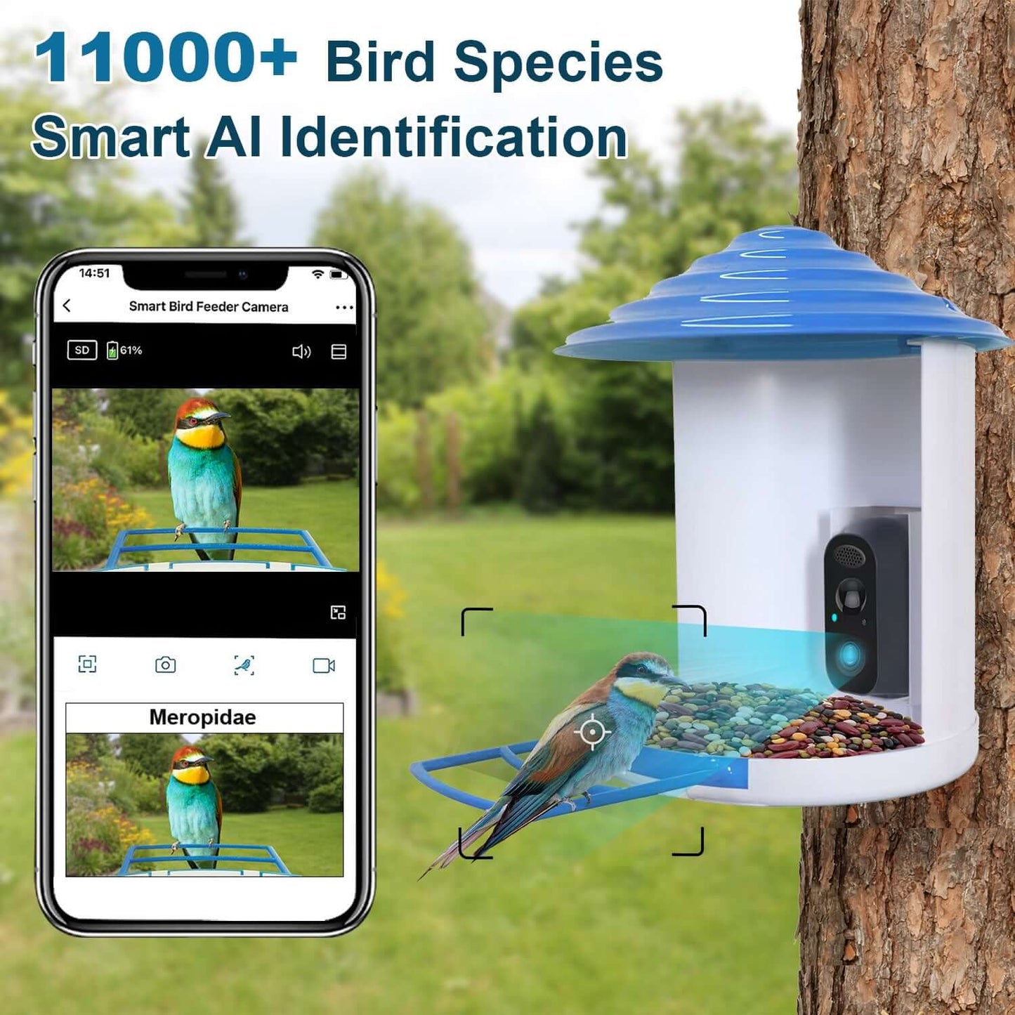 Smart AI Bird Feeder Camera with integrated solar panels and a high-definition lens, mounted in a garden setting.