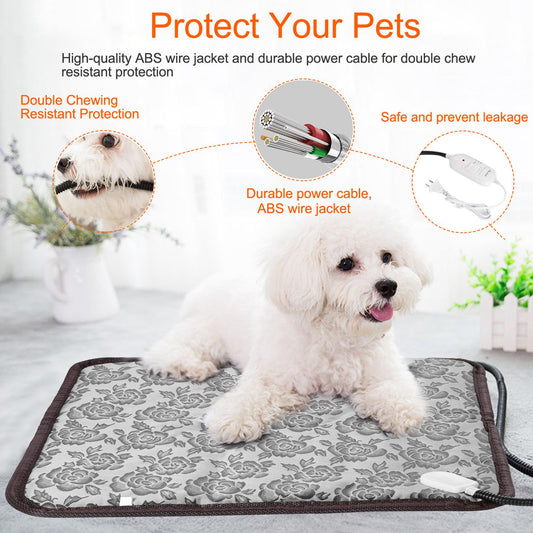 Waterproof Pet Heating Pad with a reinforced steel-wrapped cord and a soft, removable cover for thermal comfort.