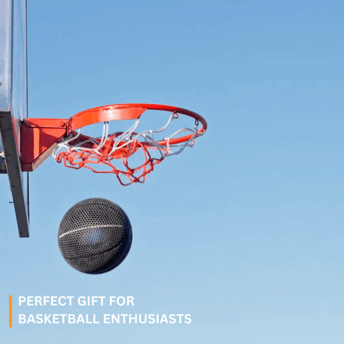 3D printed airless basketball making a shot at the hoop, perfect gift for basketball enthusiasts.