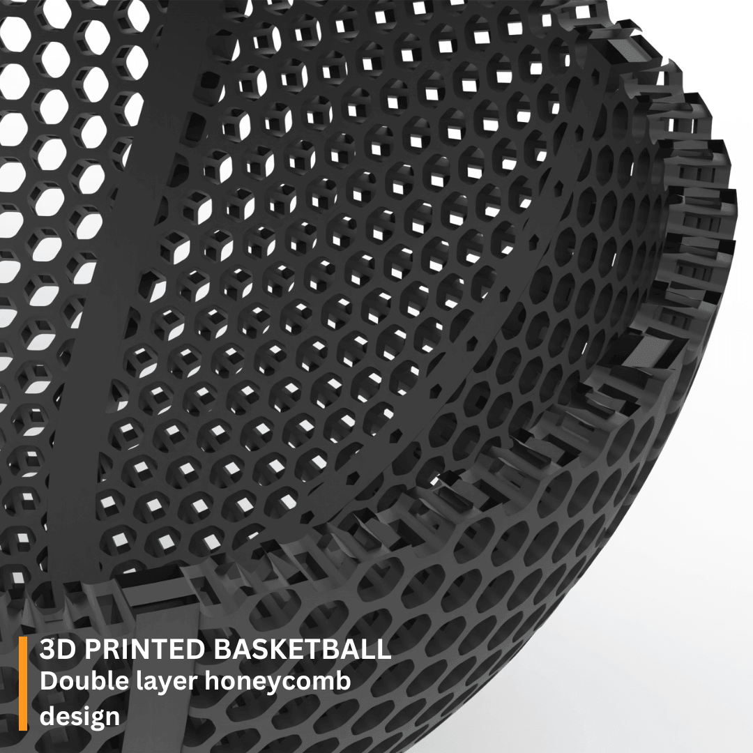 Close-up view of a 3D printed airless basketball showcasing its double layer honeycomb design.