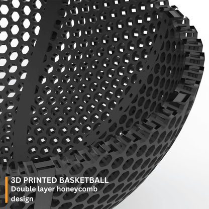 Close-up view of a 3D printed airless basketball showcasing its double layer honeycomb design.
