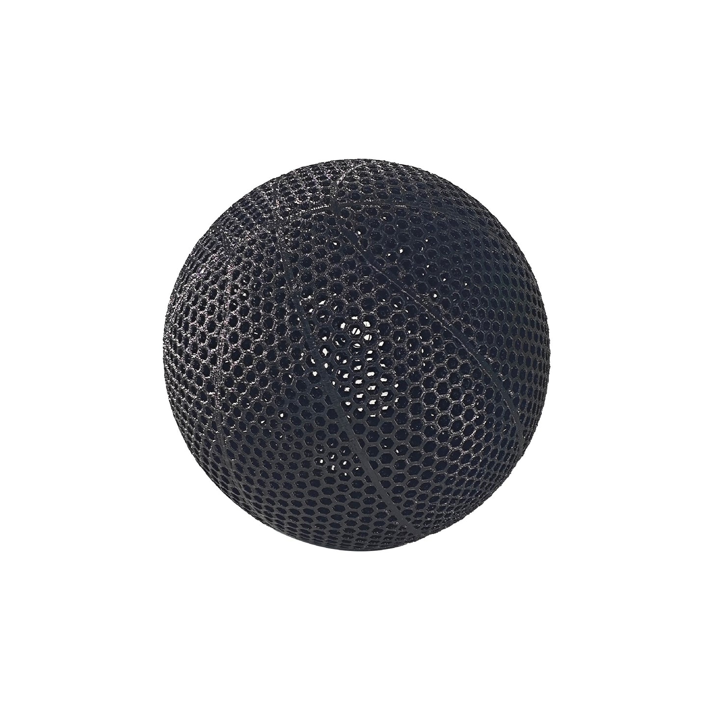 3D printed airless basketball in a unique mesh design, perfect for durable indoor play.