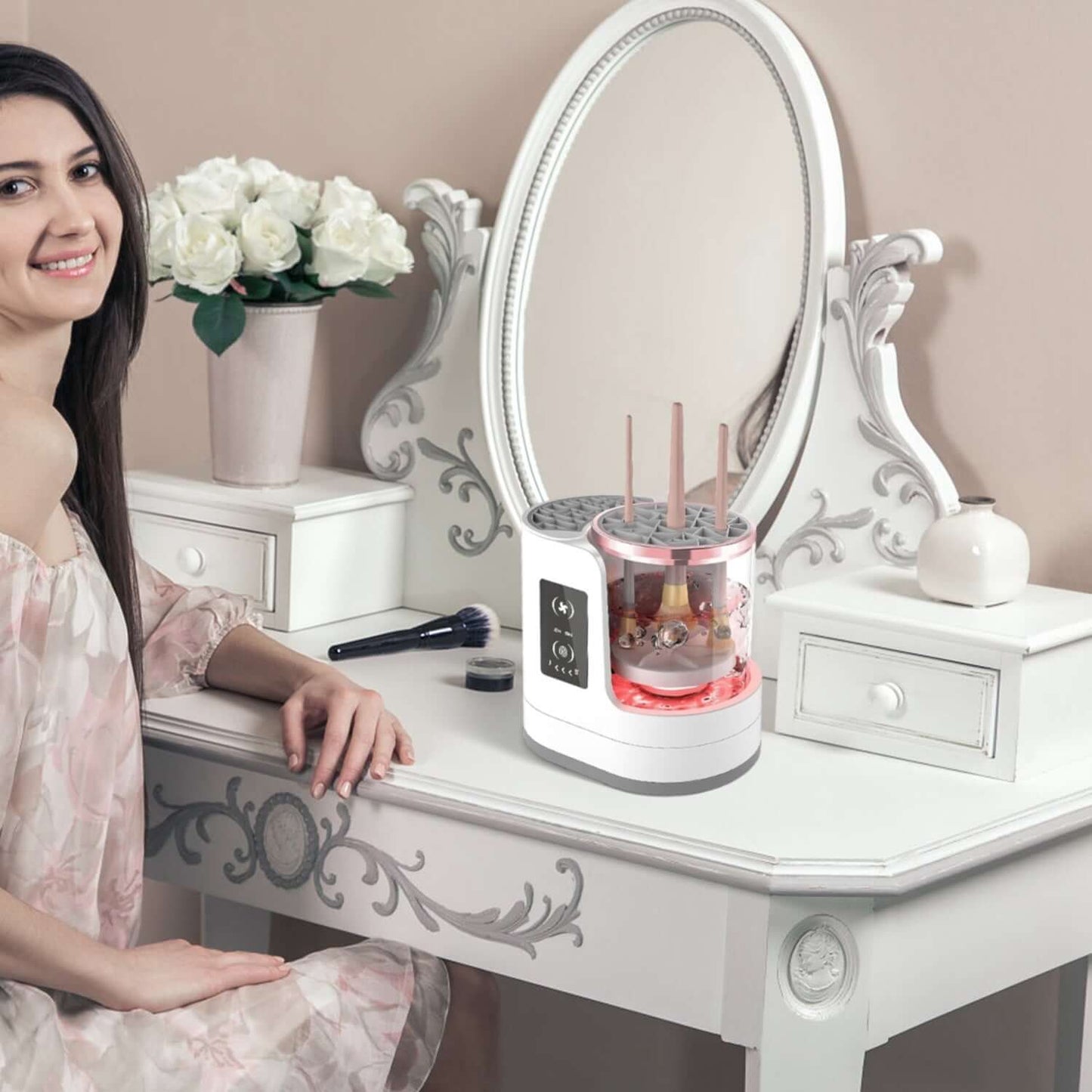 4-in-1 Electric Makeup Brush Cleaner with a sleek digital display, showing the UV sterilization chamber and brush storage compartment.