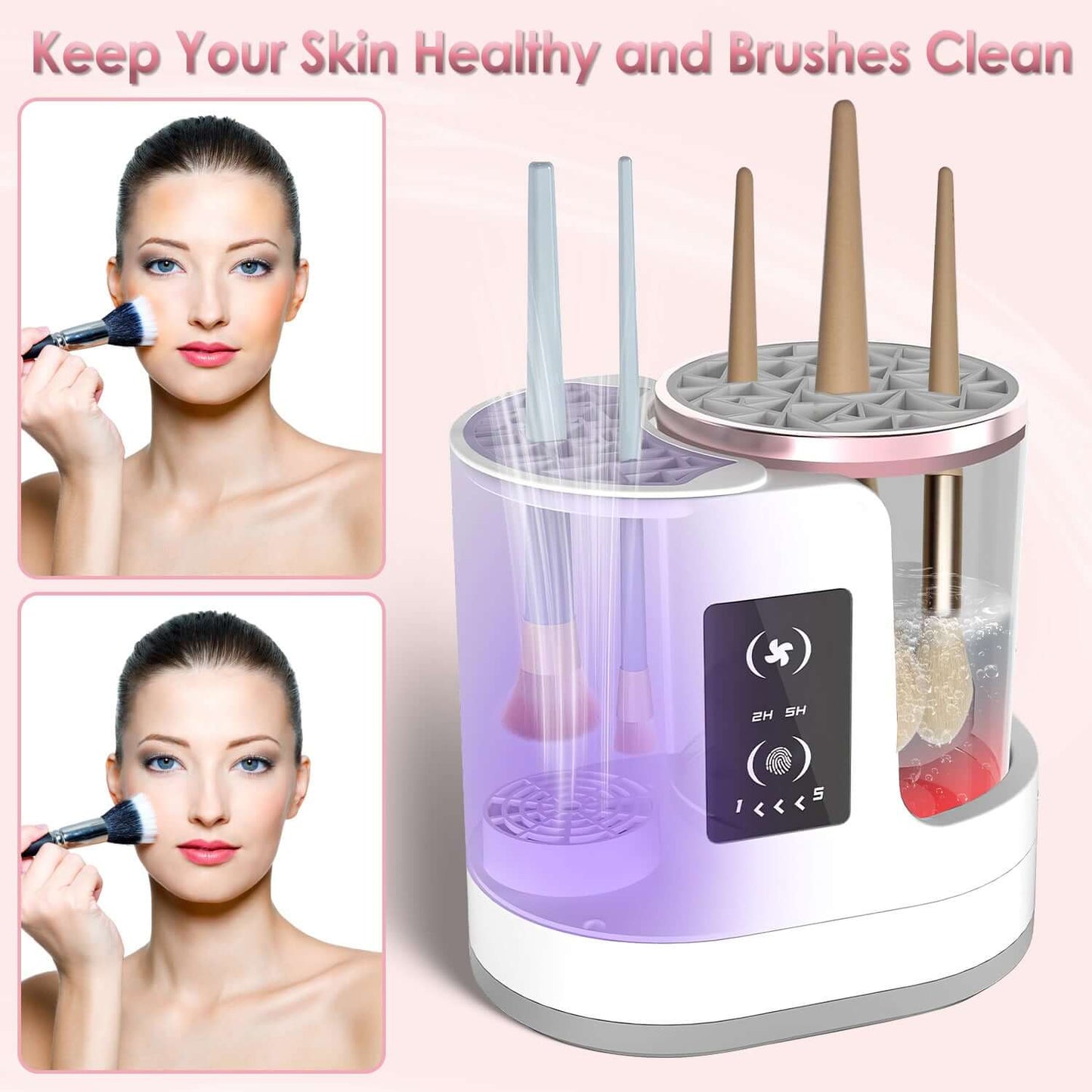 4-in-1 Electric Makeup Brush Cleaner with a sleek digital display, showing the UV sterilization chamber and brush storage compartment.