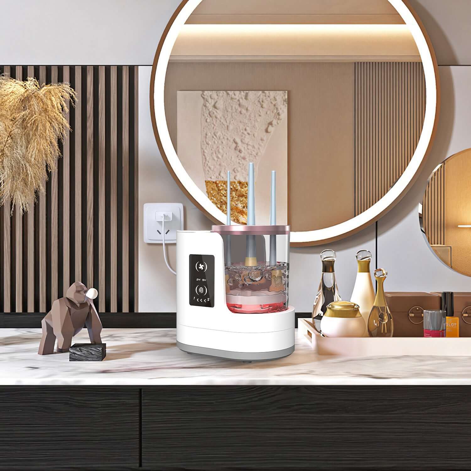 4-in-1 Electric Makeup Brush Cleaner with a sleek digital display, showing the UV sterilization chamber and brush storage compartment.