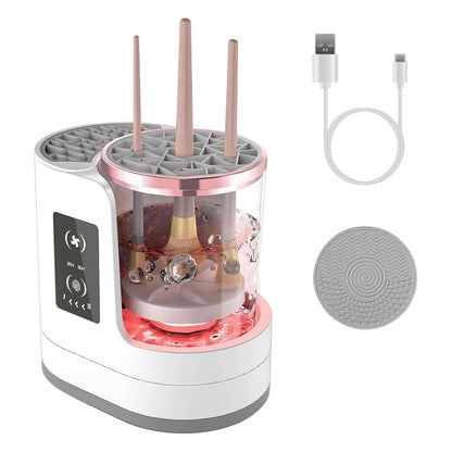 4-in-1 Electric Makeup Brush Cleaner with a sleek digital display, showing the UV sterilization chamber and brush storage compartment.