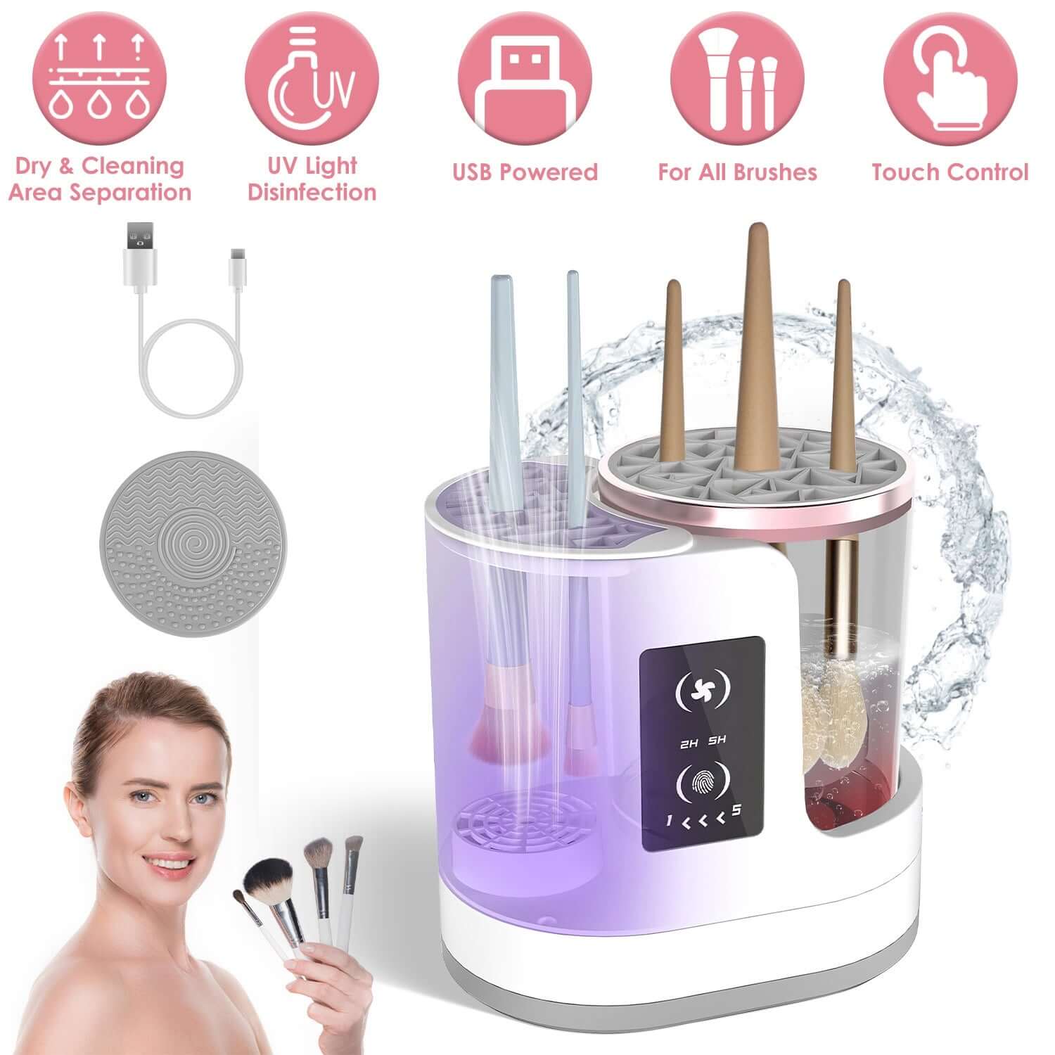 4-in-1 Electric Makeup Brush Cleaner with a sleek digital display, showing the UV sterilization chamber and brush storage compartment.