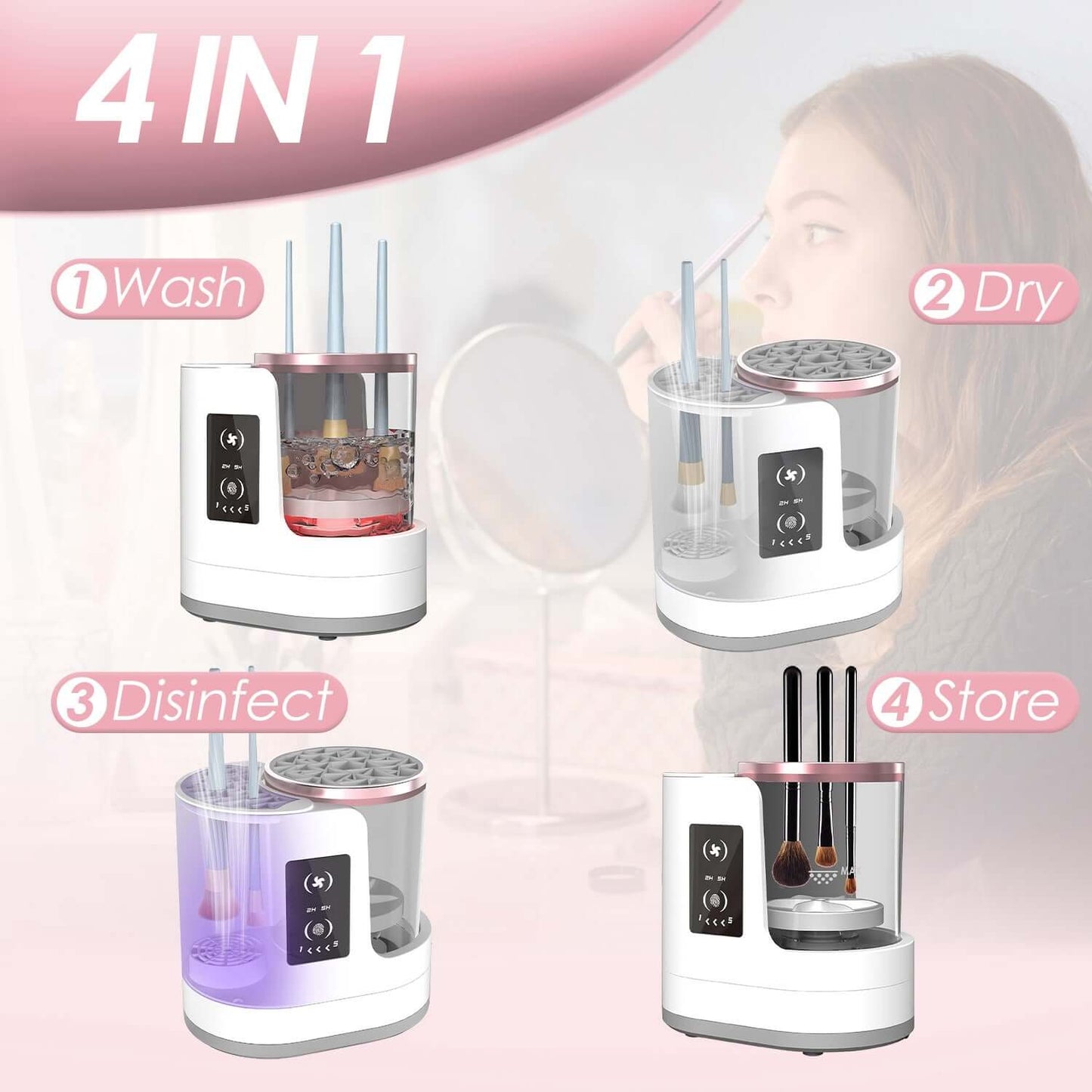 4-in-1 Electric Makeup Brush Cleaner with a sleek digital display, showing the UV sterilization chamber and brush storage compartment.
