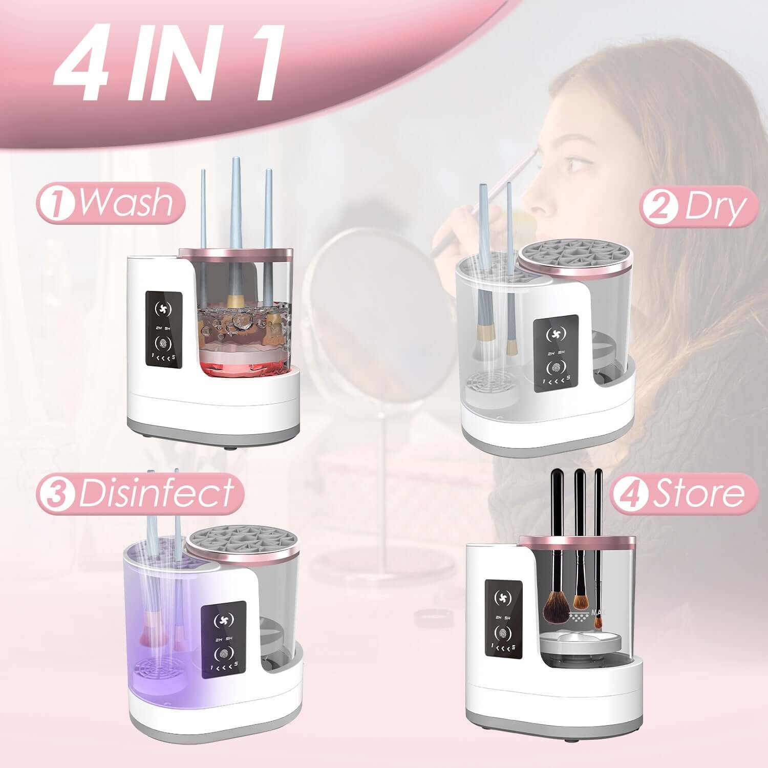 4-in-1 Electric Makeup Brush Cleaner with a sleek digital display, showing the UV sterilization chamber and brush storage compartment.
