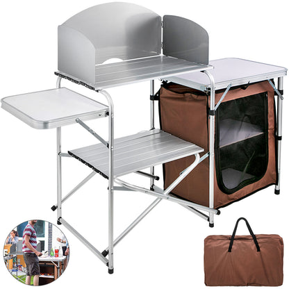 Portable Camping Kitchen Table with integrated storage cabinets, folding side tables, and reinforced aluminum frame.
