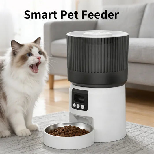 Smart Precision Pet Feeder in a minimalist white finish, showcasing the automated food dispensing tray and digital interface.