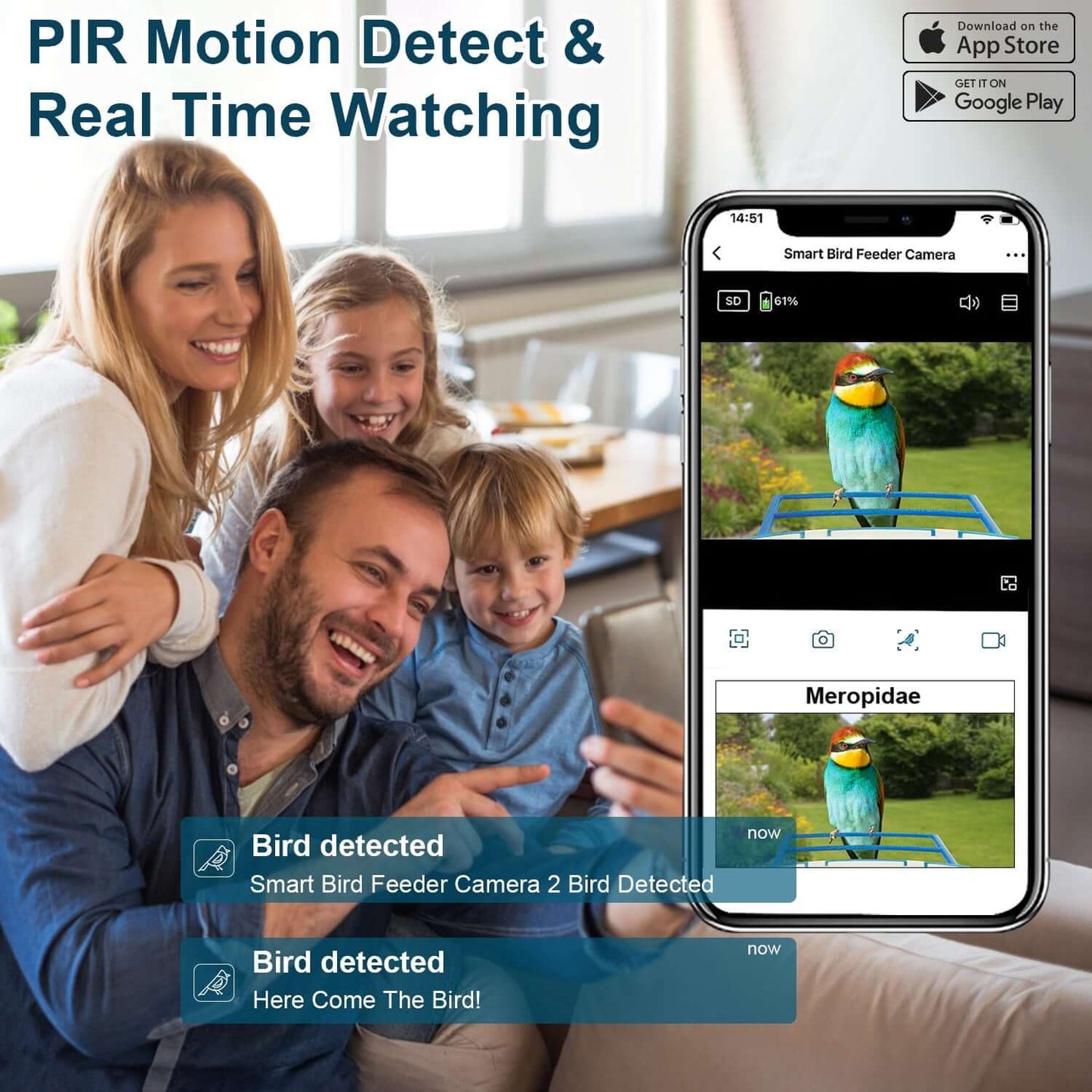Smart AI Bird Feeder Camera with integrated solar panels and a high-definition lens, mounted in a garden setting.