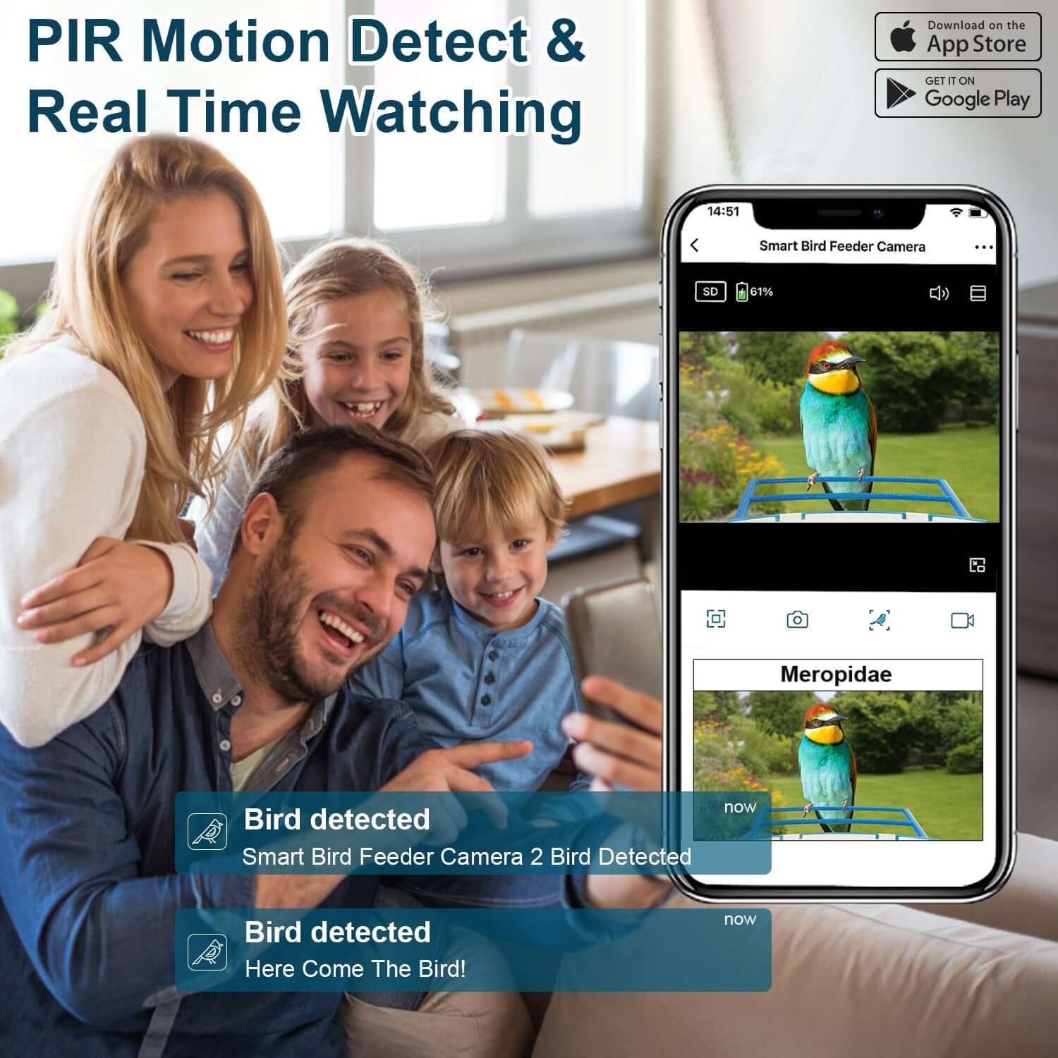 Smart AI Bird Feeder Camera with integrated solar panels and a high-definition lens, mounted in a garden setting.