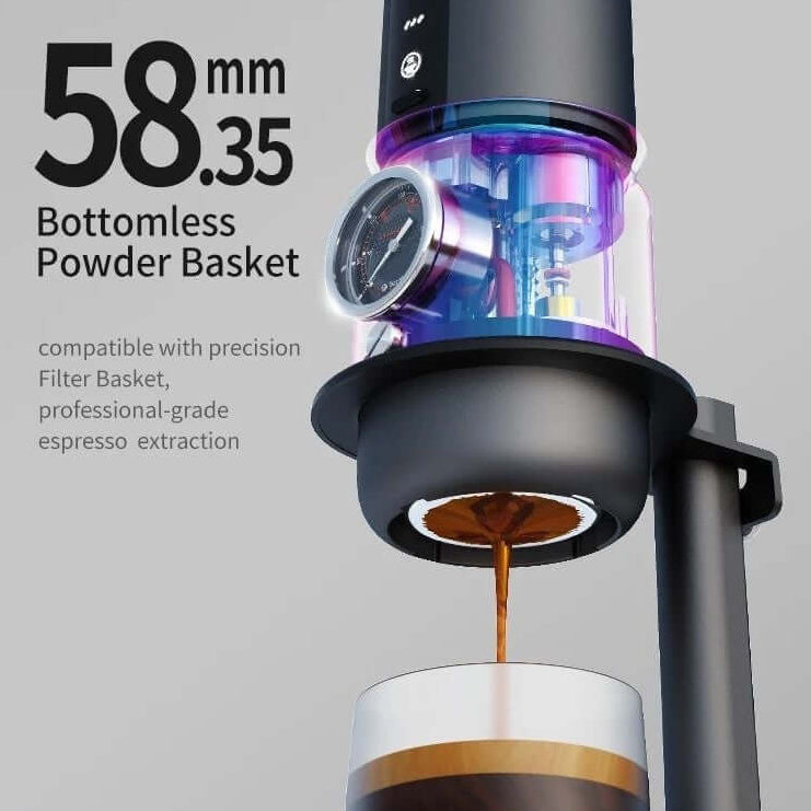 Portable Espresso Maker featuring 58.35mm Bottomless Powder Basket for professional-grade espresso extraction.