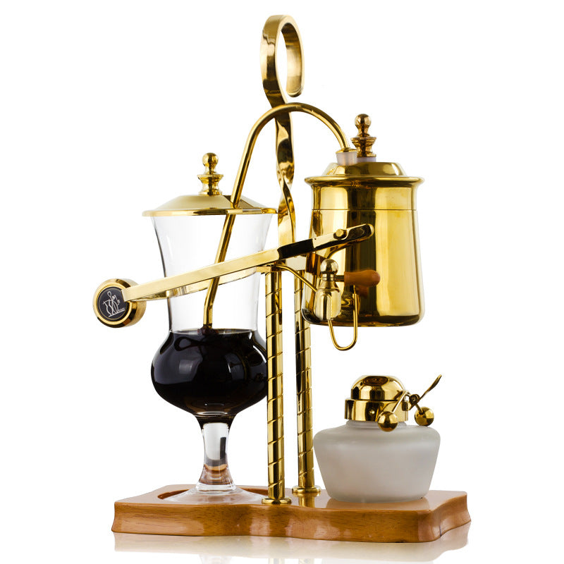 Luxury gold-finished Vintage Belgium Coffee Maker with a vacuum siphon balance system and solid wood base.