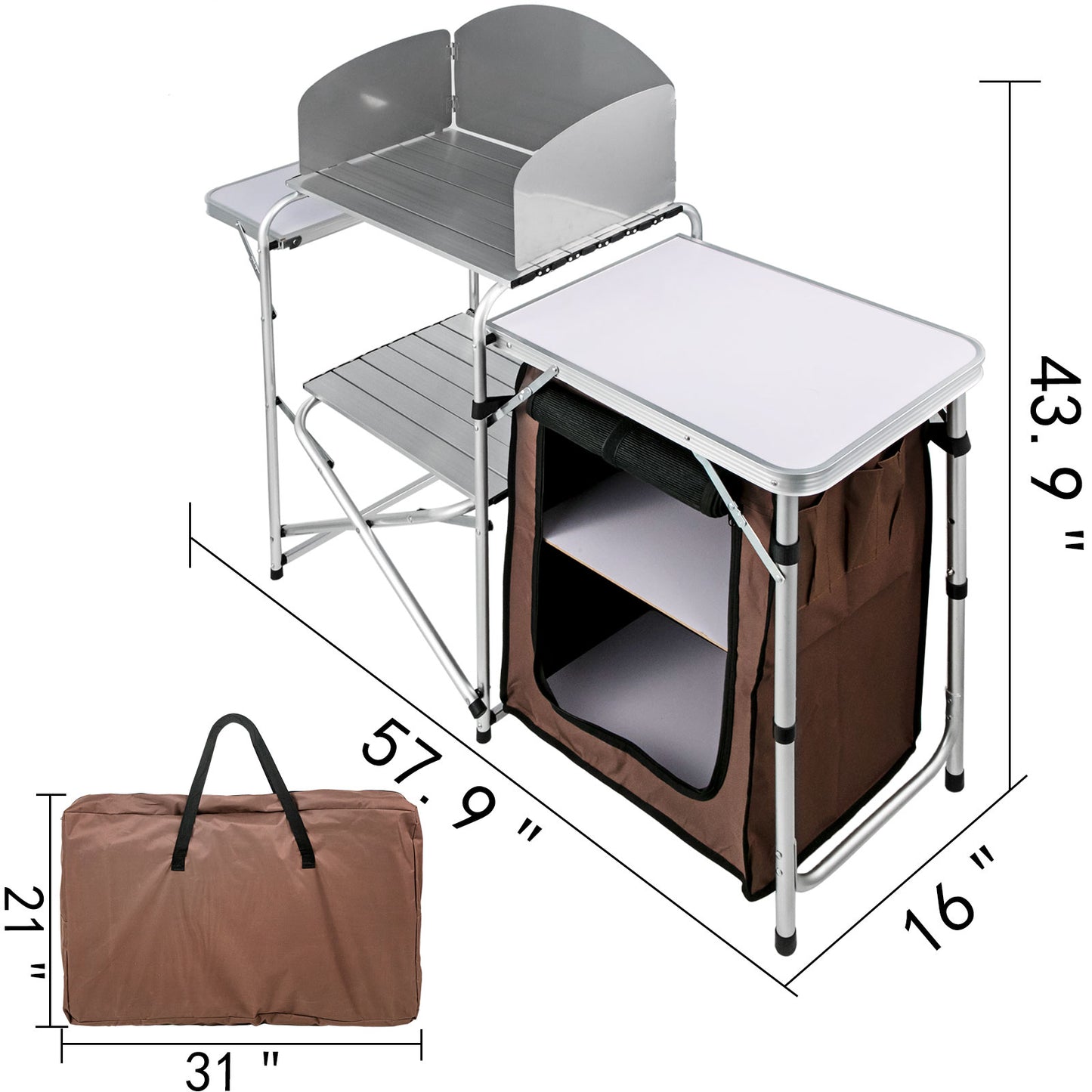 Portable Camping Kitchen Table with integrated storage cabinets, folding side tables, and reinforced aluminum frame.