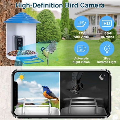 Smart AI Bird Feeder Camera with integrated solar panels and a high-definition lens, mounted in a garden setting.