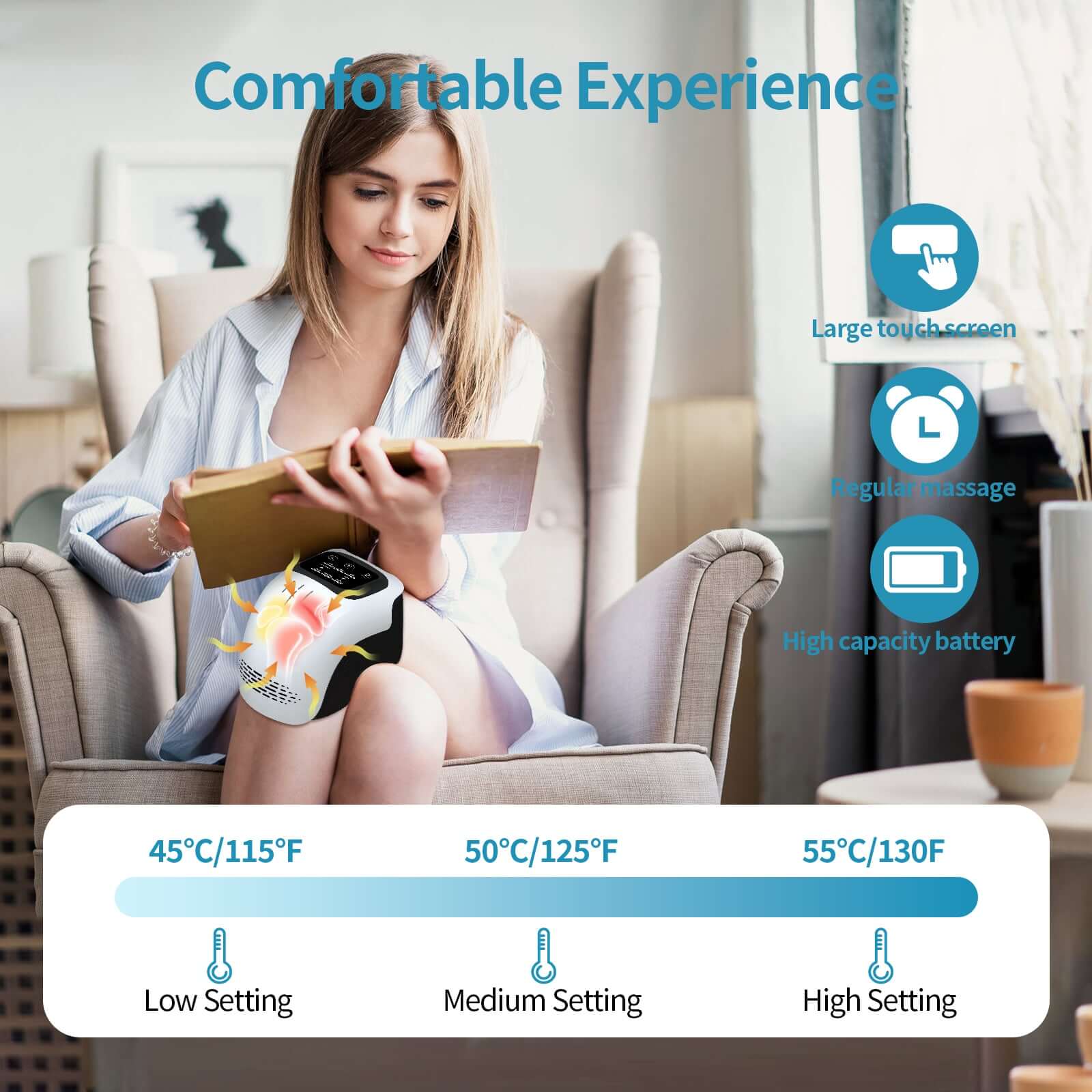 Advanced Laser Knee Massager with digital touch controls and infrared therapy sensors.