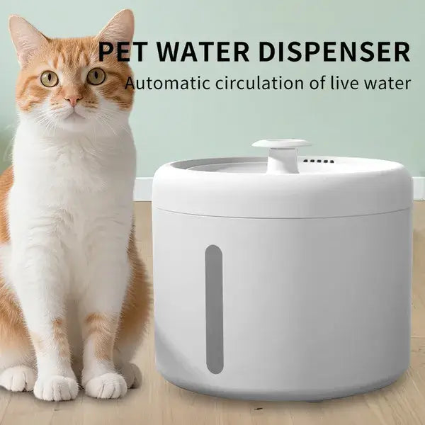 A white Silent Circular Pet Water Fountain showcasing the flowing water stream and compact, modern circular design.