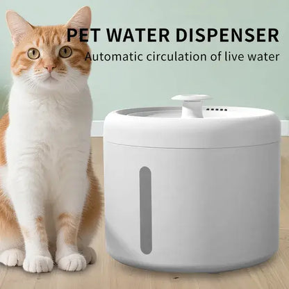 A white Silent Circular Pet Water Fountain showcasing the flowing water stream and compact, modern circular design.