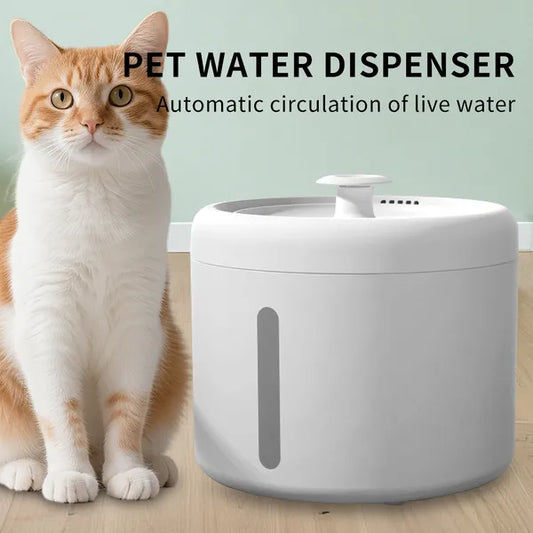 A white Silent Circular Pet Water Fountain showcasing the flowing water stream and compact, modern circular design.