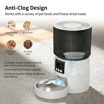 Smart Precision Pet Feeder in a minimalist white finish, showcasing the automated food dispensing tray and digital interface.